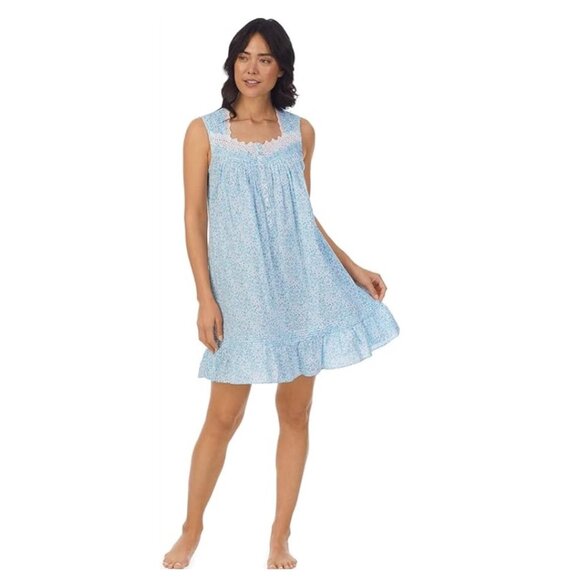 NWT Eileen West Nightgown Sleeveless short gown Blue floral Lace sz S - Picture 1 of 8